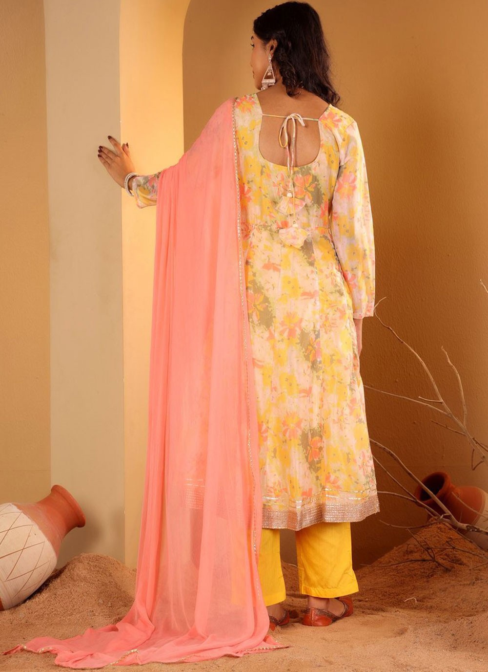 Salwar Suit Floral Printed Yellow Silk Blend T5119