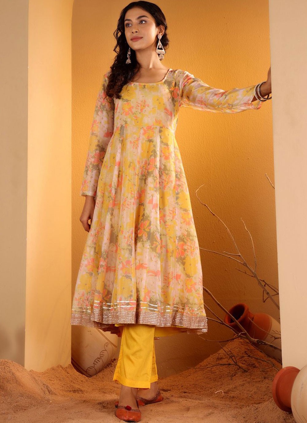 Salwar Suit Floral Printed Yellow Silk Blend T5119