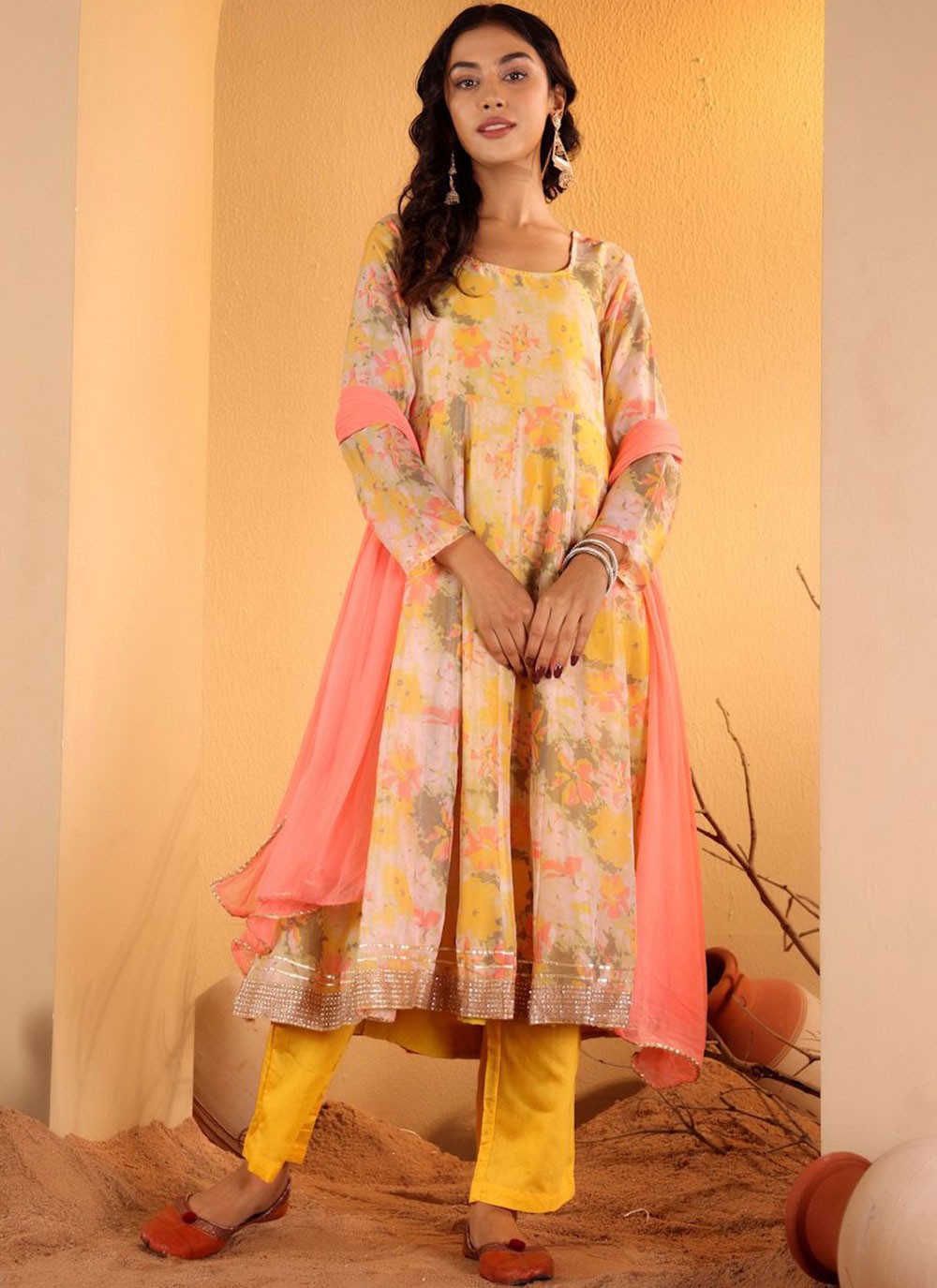 Salwar Suit Floral Printed Yellow Silk Blend T5119