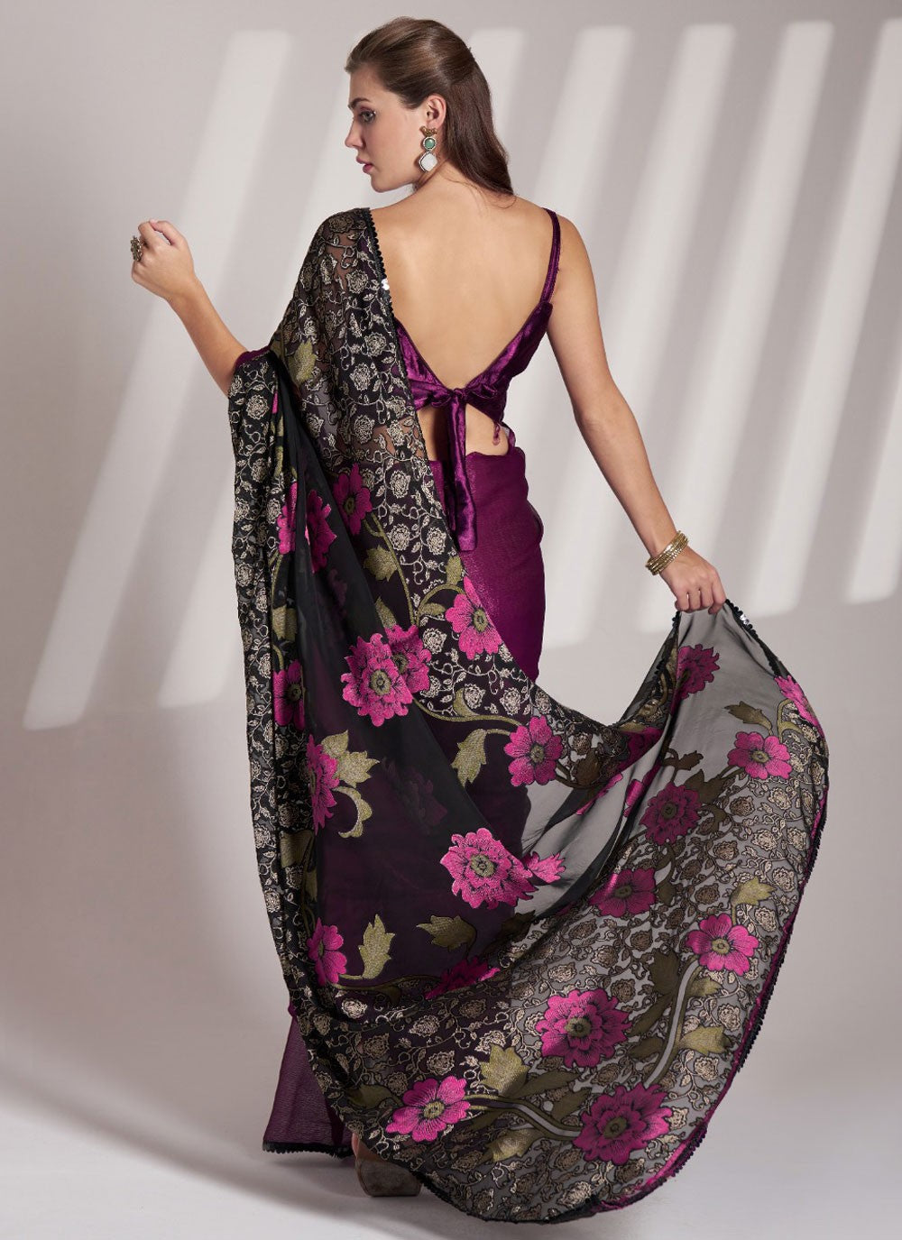 Floral Printed Brasso Black Saree S14032