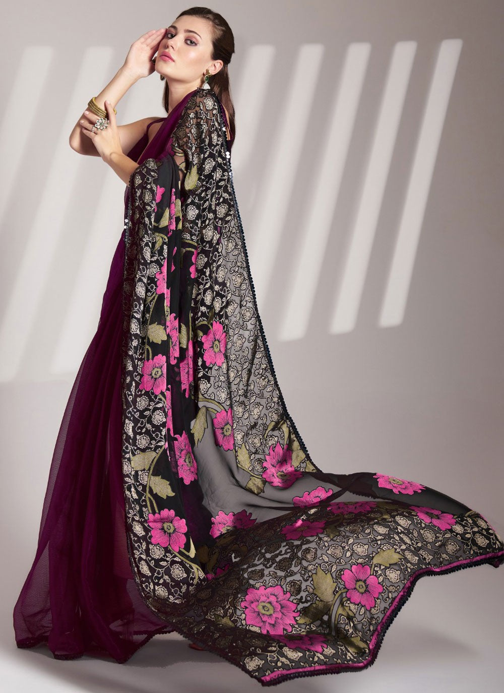 Floral Printed Brasso Black Saree S14032