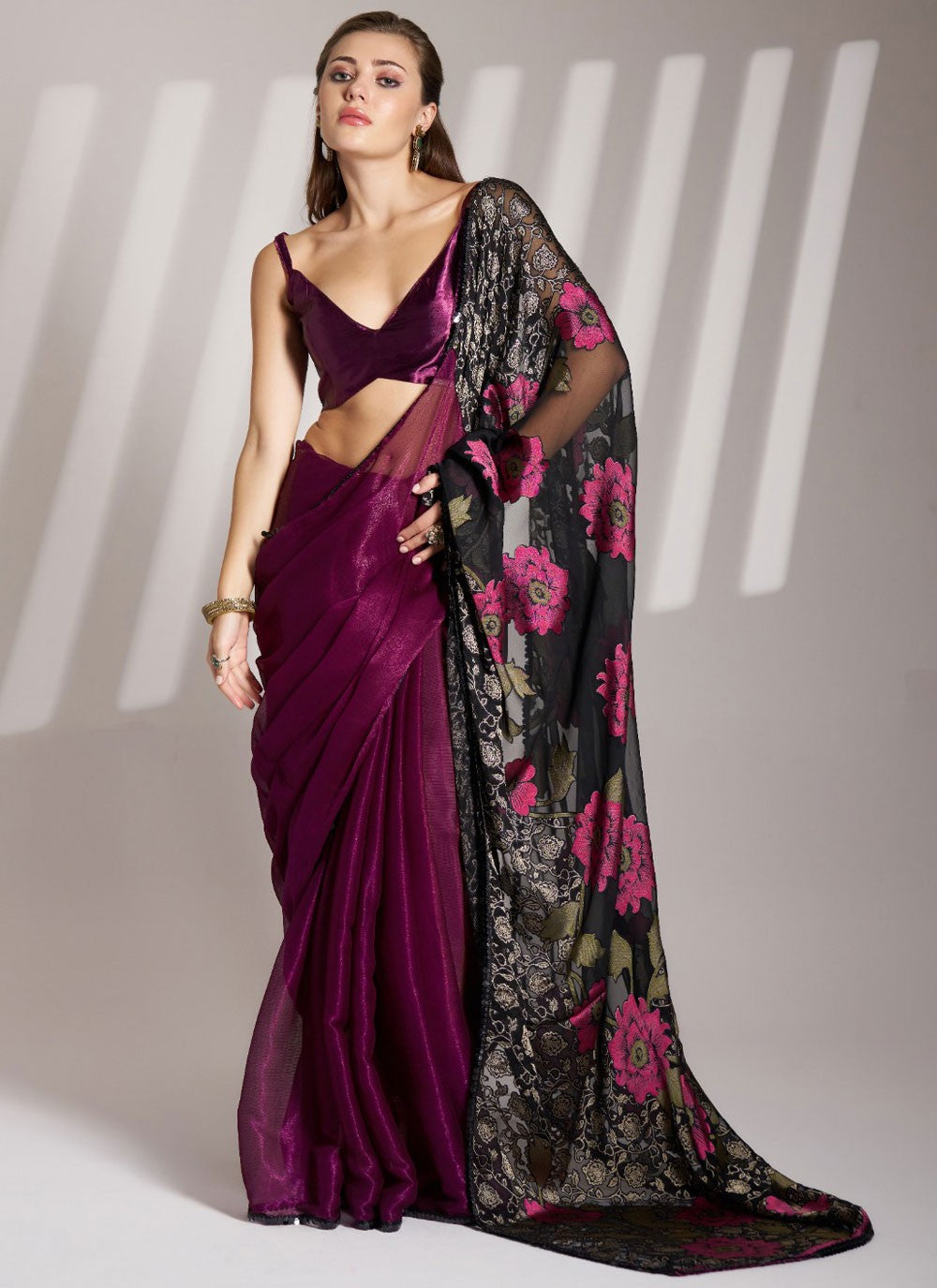 Floral Printed Brasso Black Saree S14032
