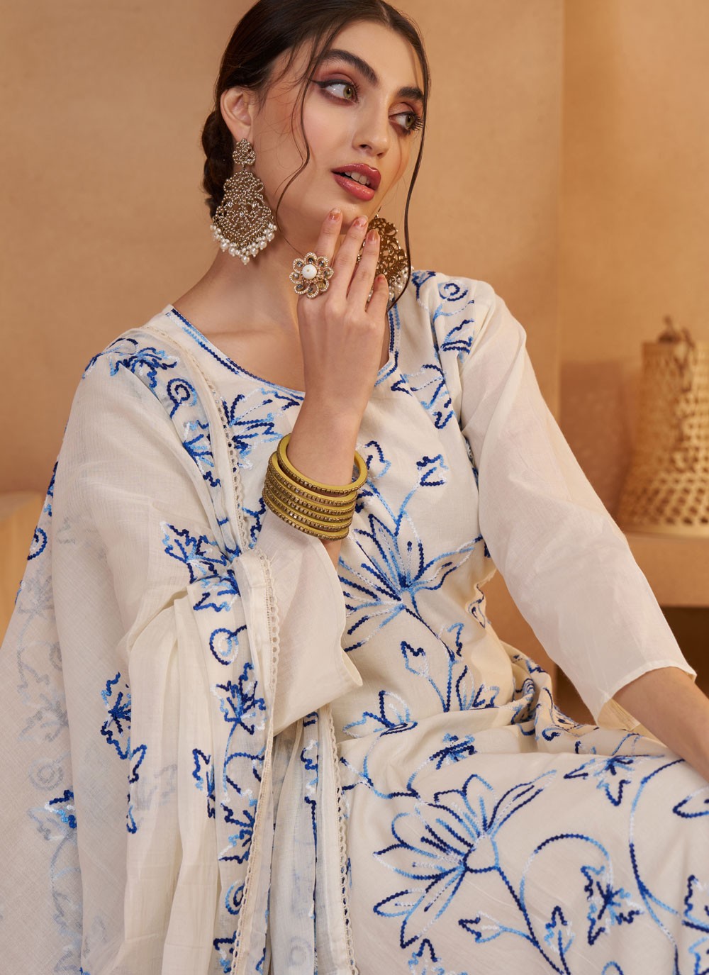 Pant Style Suit Fancy Work, Floral Printed, Thread White T7941