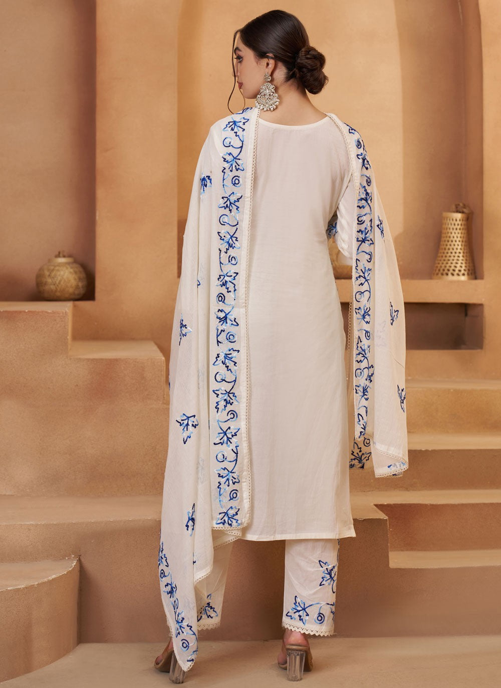 Pant Style Suit Fancy Work, Floral Printed, Thread White T7941