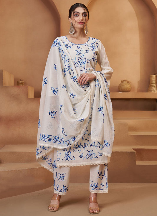 Pant Style Suit Fancy Work, Floral Printed, Thread White T7941