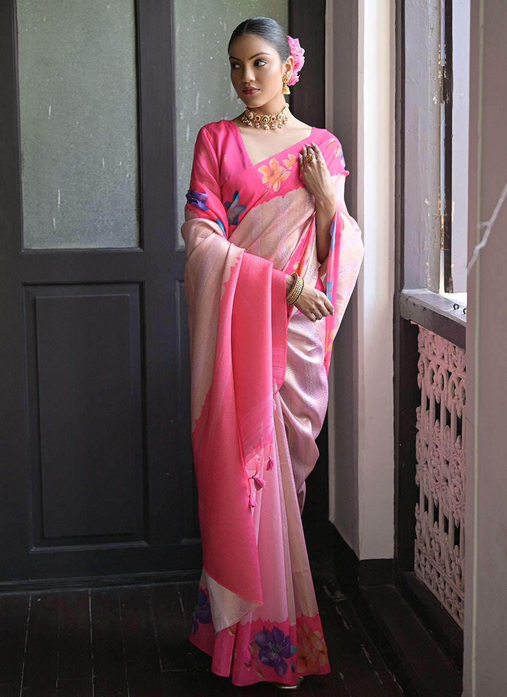 Classic Floral Printed Banarasi Silk Saree - S6682