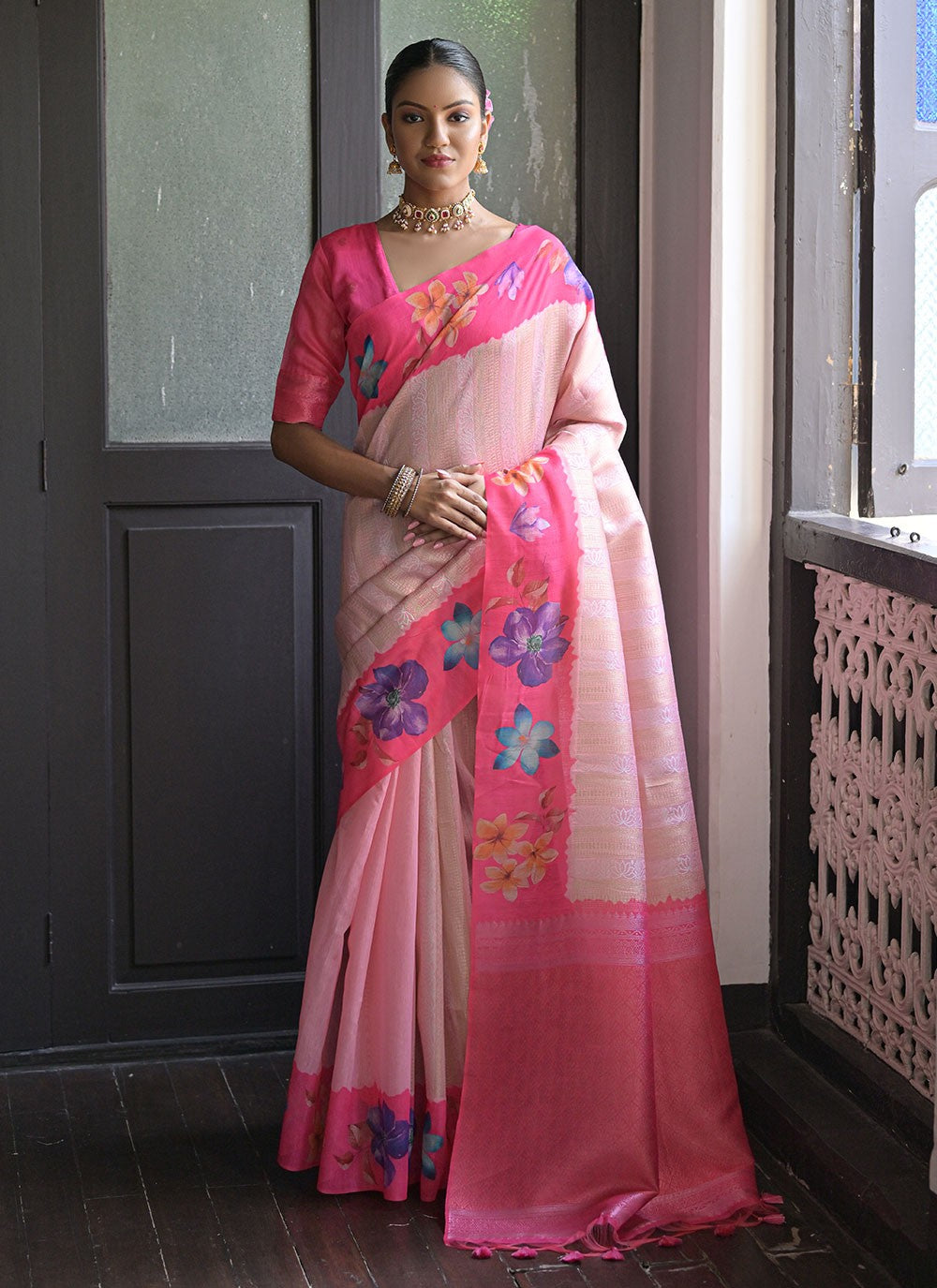 Classic Floral Printed Banarasi Silk Saree - S6682