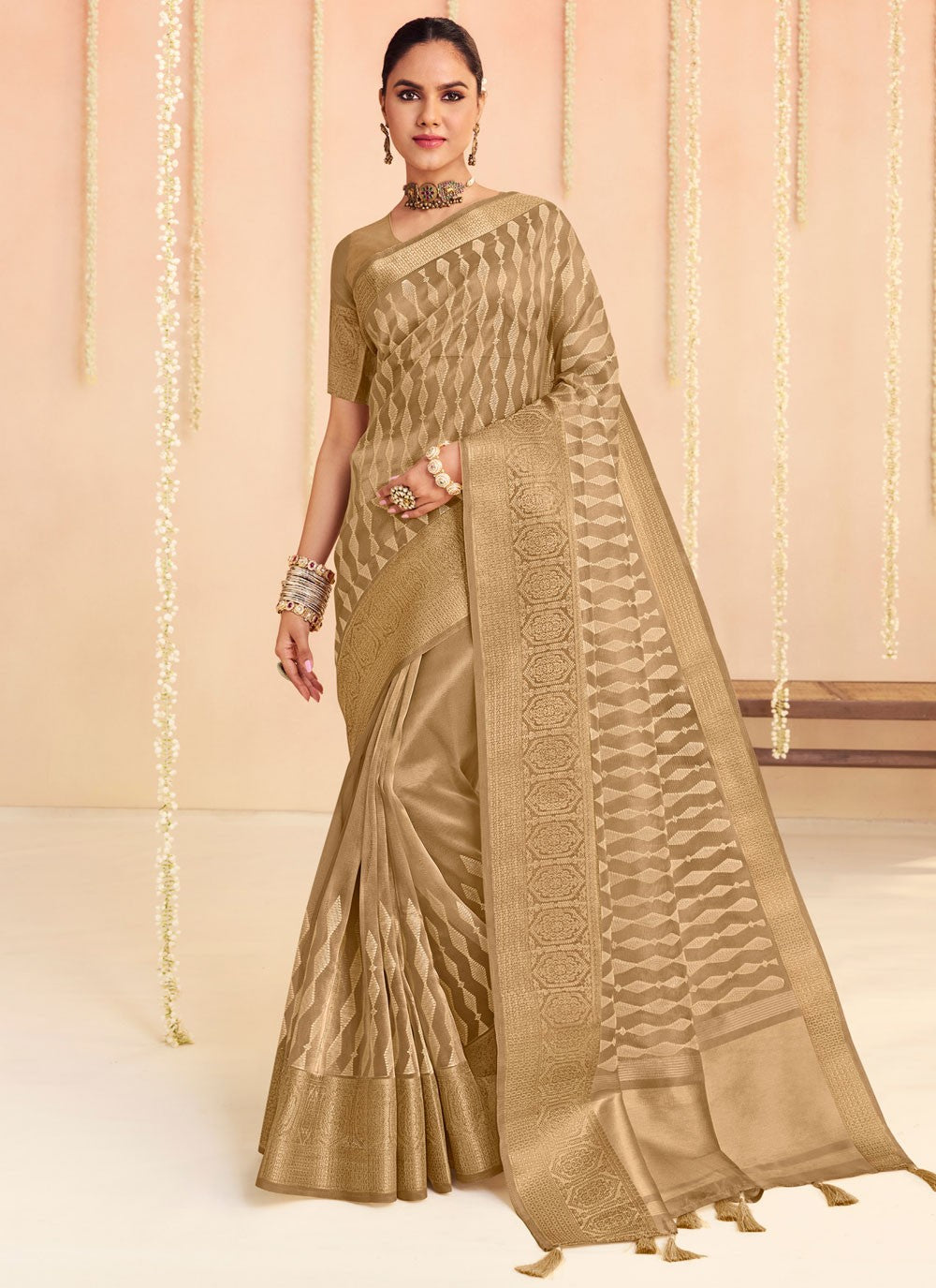 Designer Floral Printed Brown Organza S12670