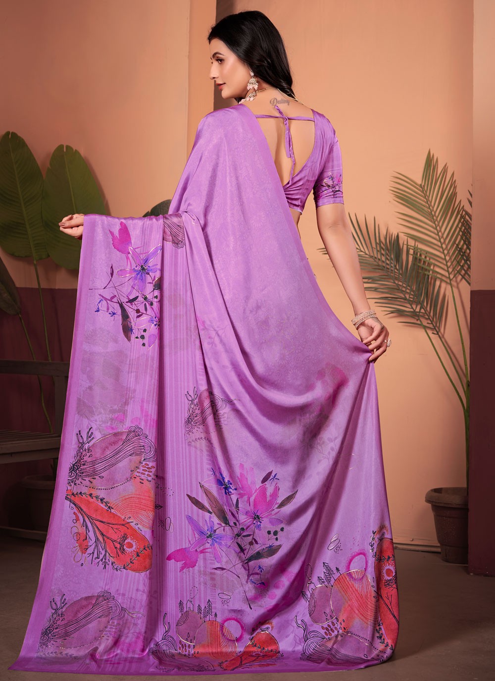 Floral Printed Silk Lavender Saree S13741