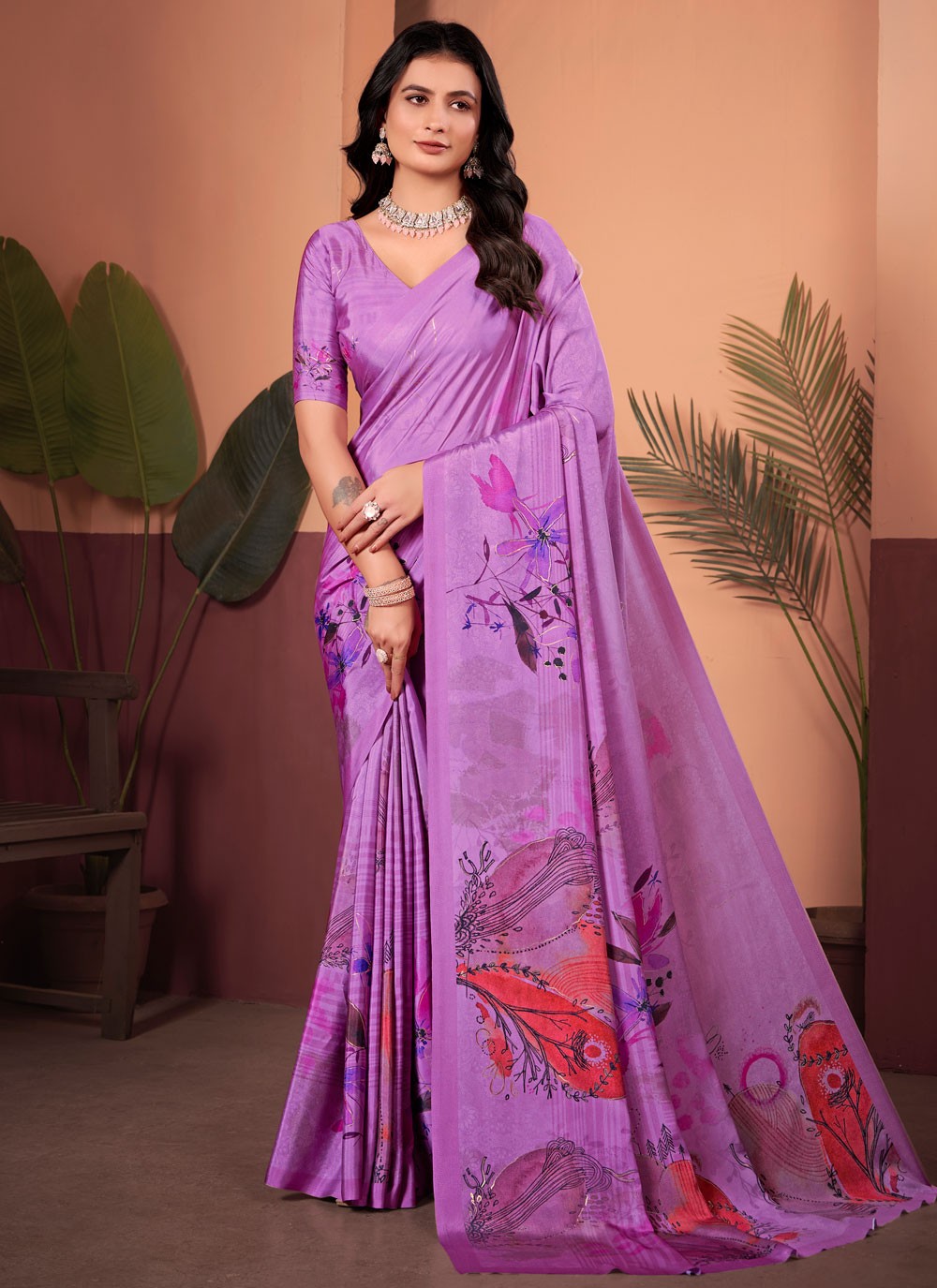 Floral Printed Silk Lavender Saree S13979