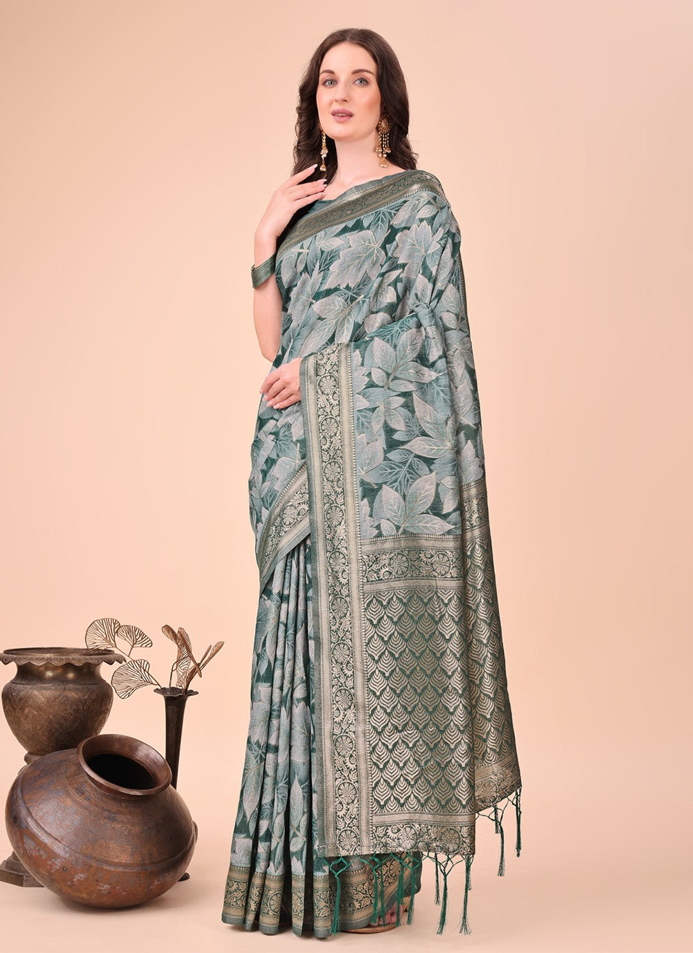 Floral Printed Cotton Green Trendy Saree S15122
