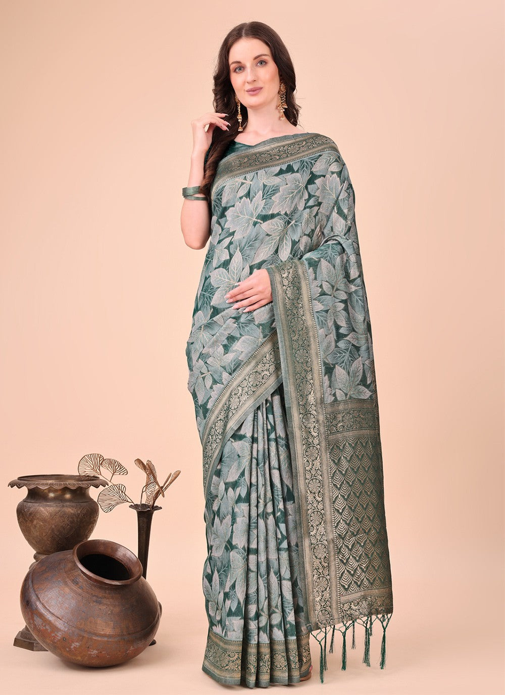 Floral Printed Cotton Green Trendy Saree S15122
