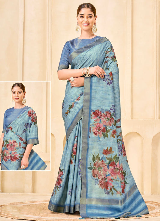 Aqua Blue Silk Classic Saree Floral Printed S19842