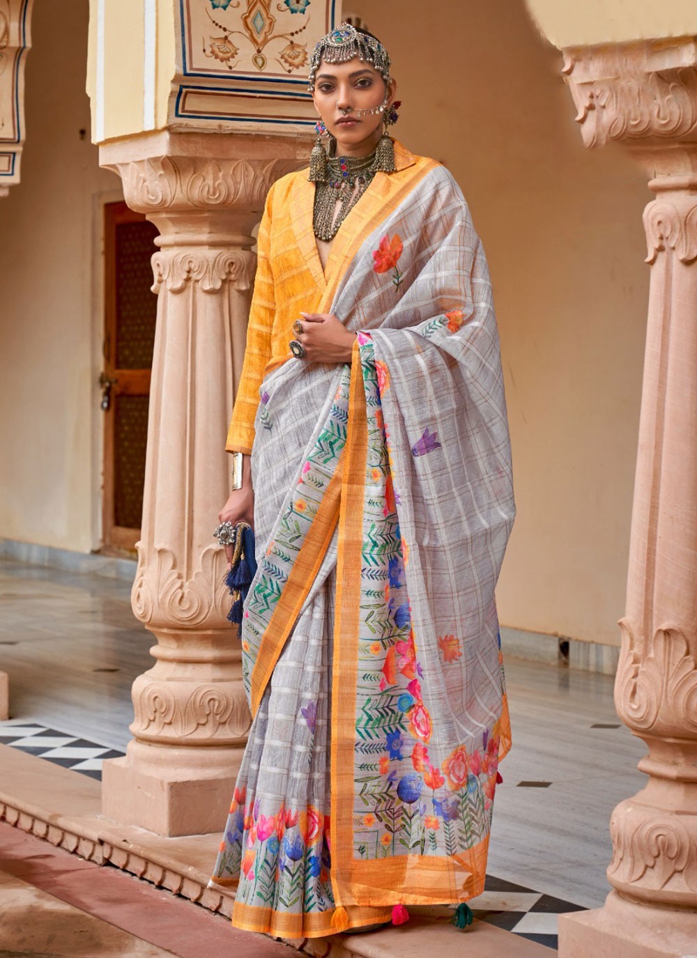Trendy Floral Printed Linen Saree - S4987