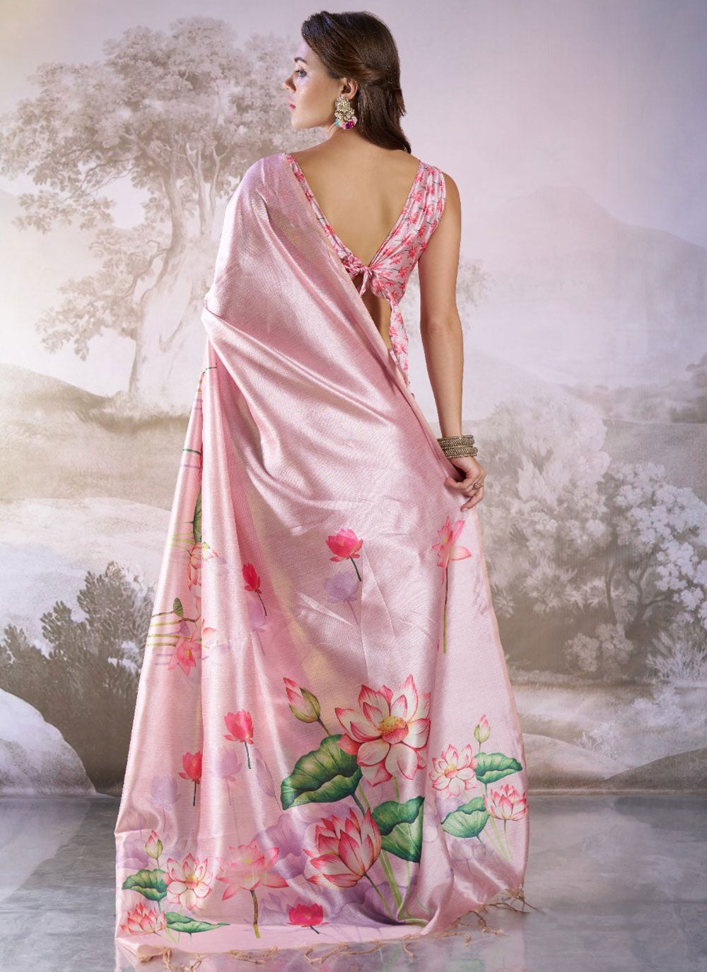 Floral Printed Linen Pink Saree S14159