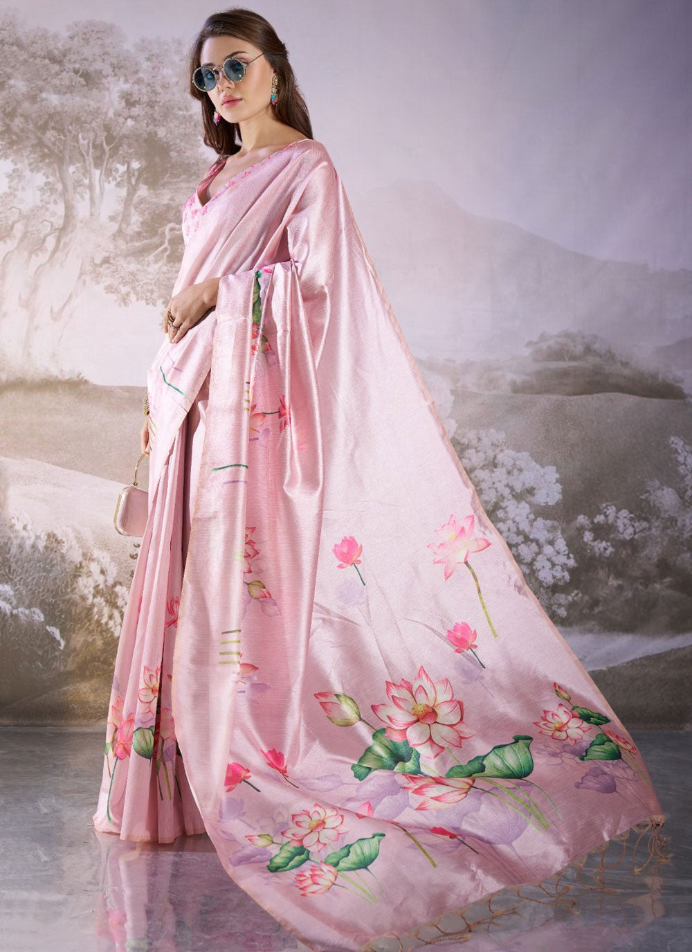 Floral Printed Linen Pink Saree S13923
