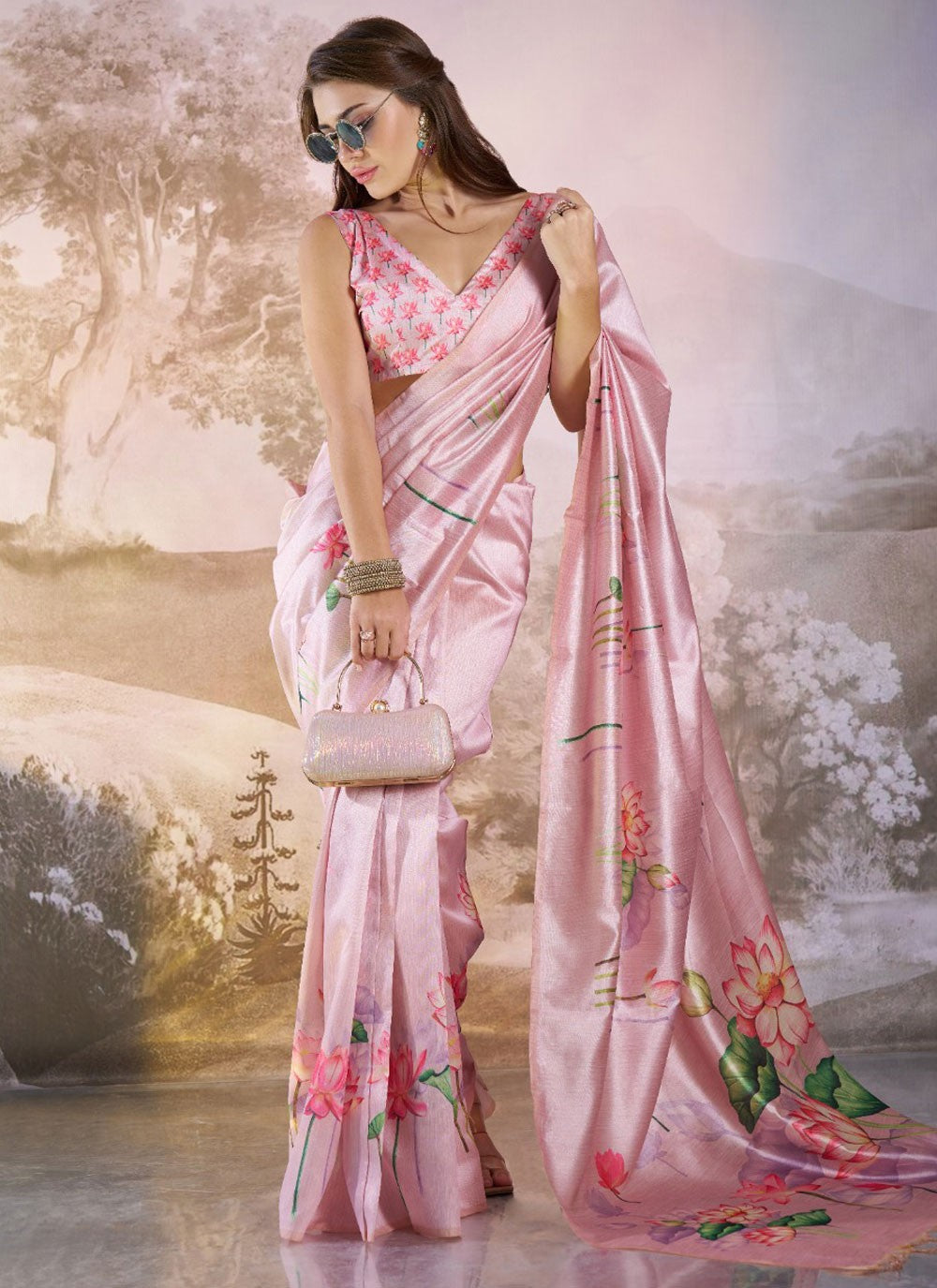 Floral Printed Linen Pink Saree S14159