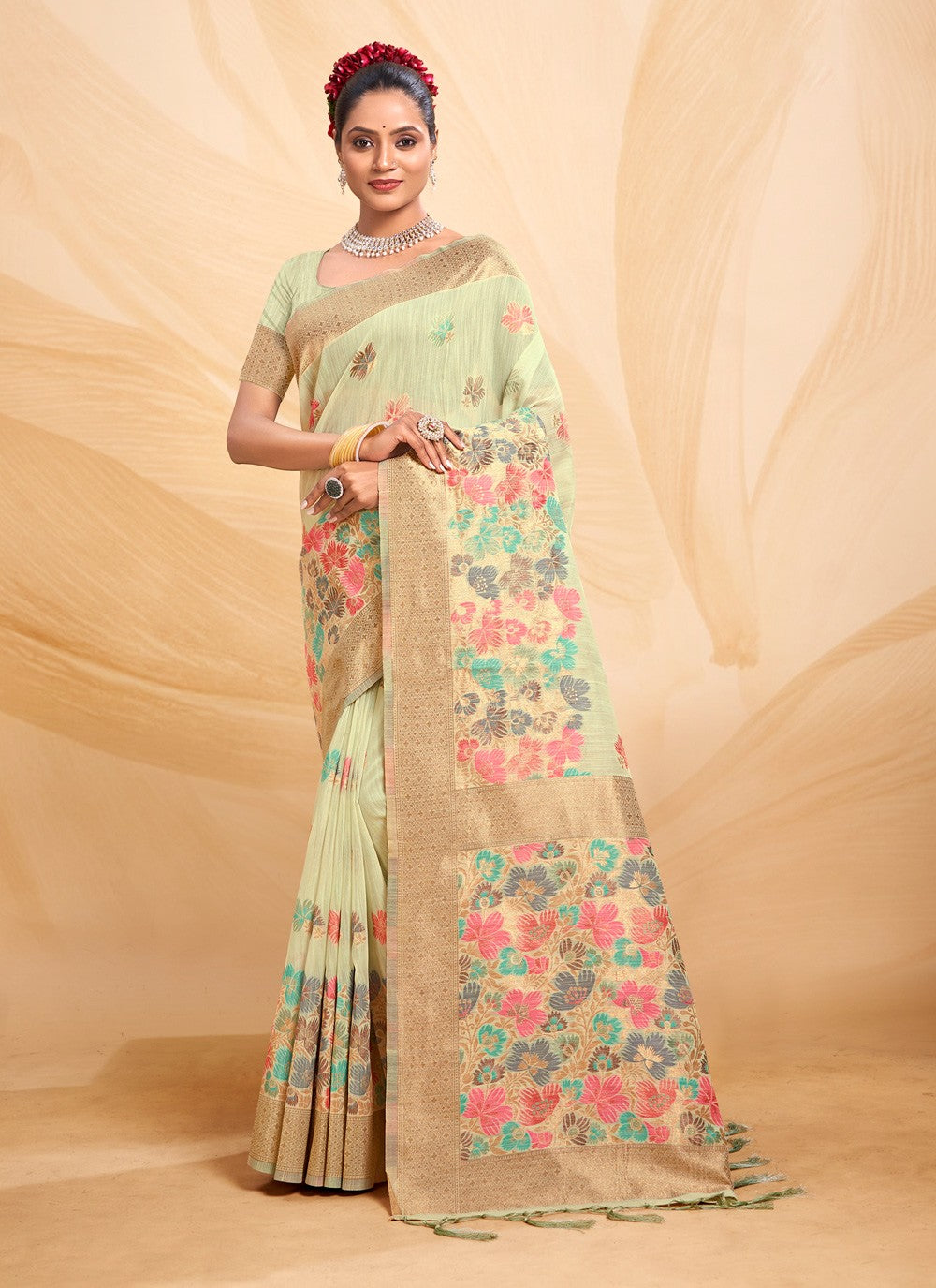 Traditional Floral Printed Cotton Saree - S5117
