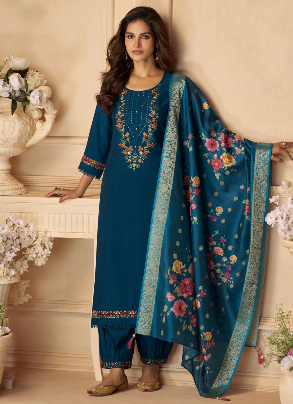 Pant Style Suit Floral Printed Teal T7821