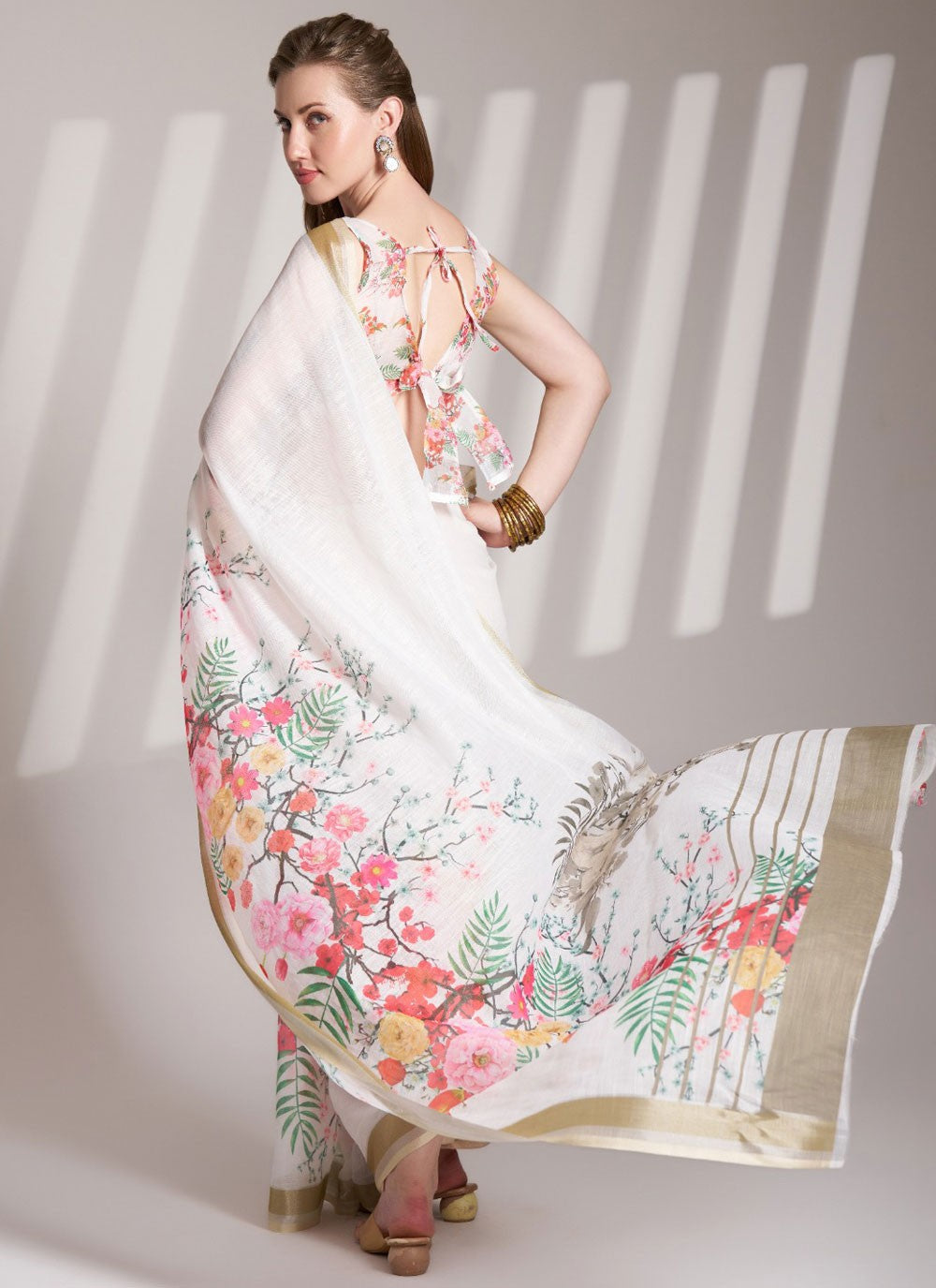 Floral Printed Linen White Saree S14160