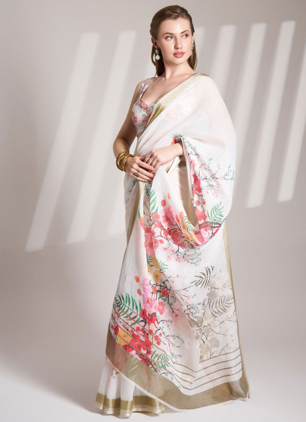 Floral Printed Linen White Saree S14160