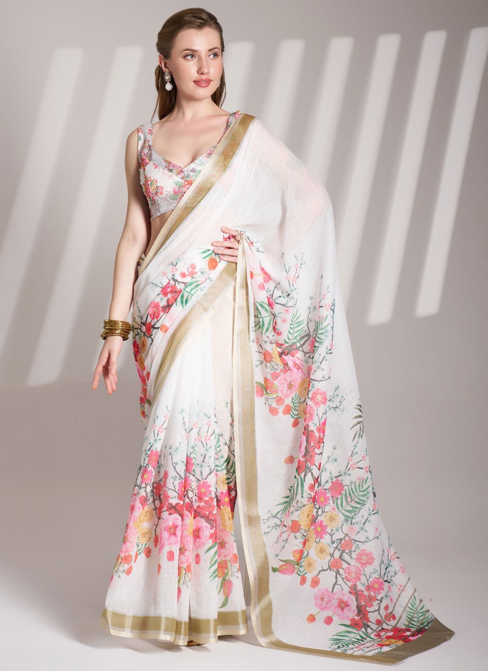 Floral Printed Linen White Saree S14160