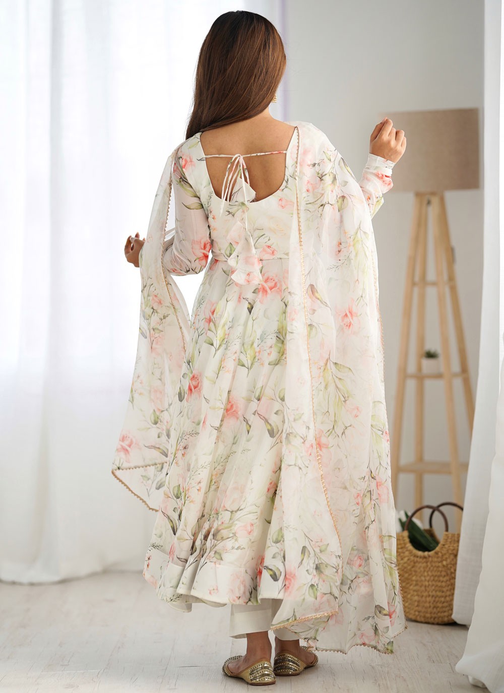 Floral Printed Organza White Salwar Suit T6075