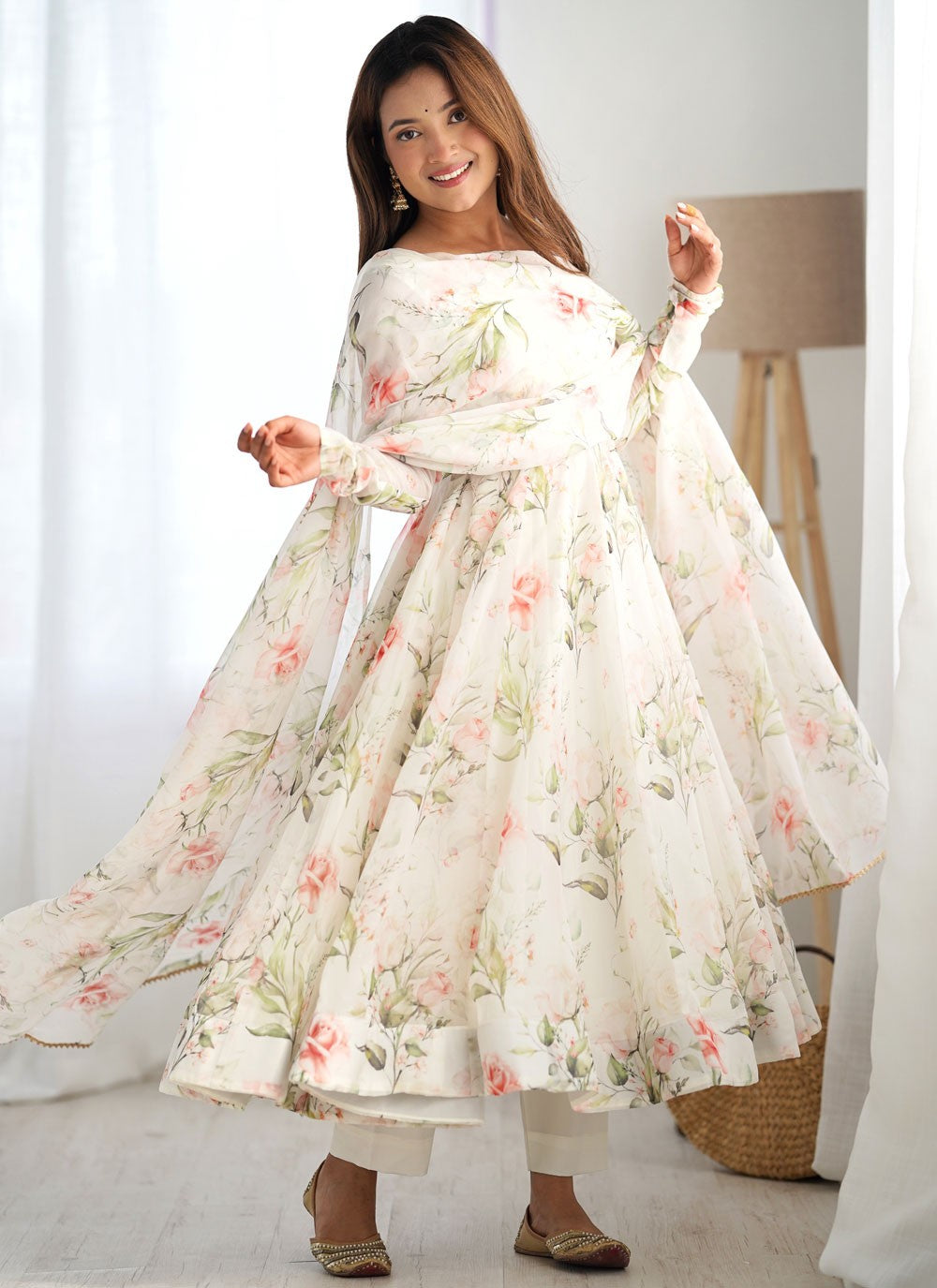 Floral Printed Organza White Salwar Suit T6075