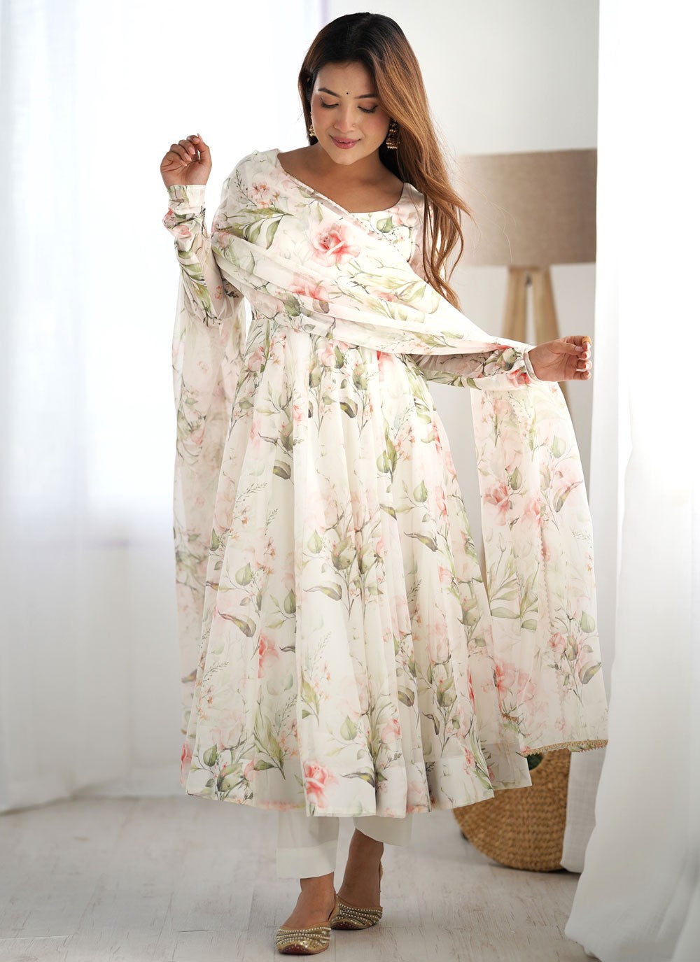 Floral Printed Organza White Salwar Suit T6075