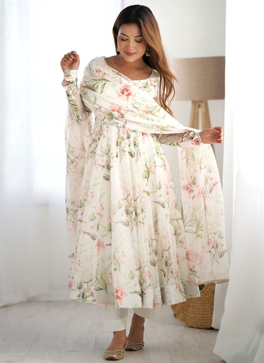 Floral Printed Organza White Salwar Suit T6075