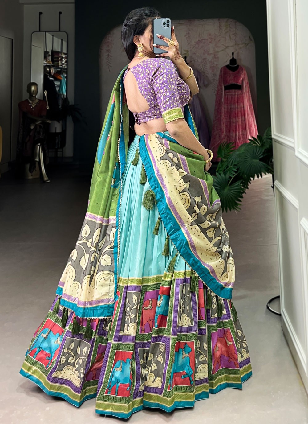 Foliage Prints Tussar Silk Aqua Blue Lehenga - L3221