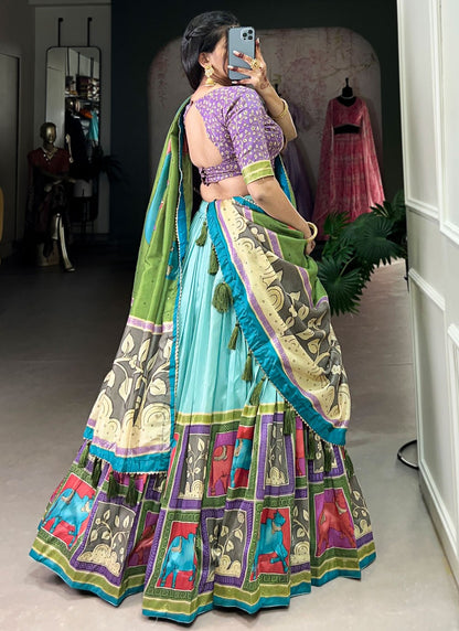 Foliage Prints Tussar Silk Aqua Blue Lehenga - L3221