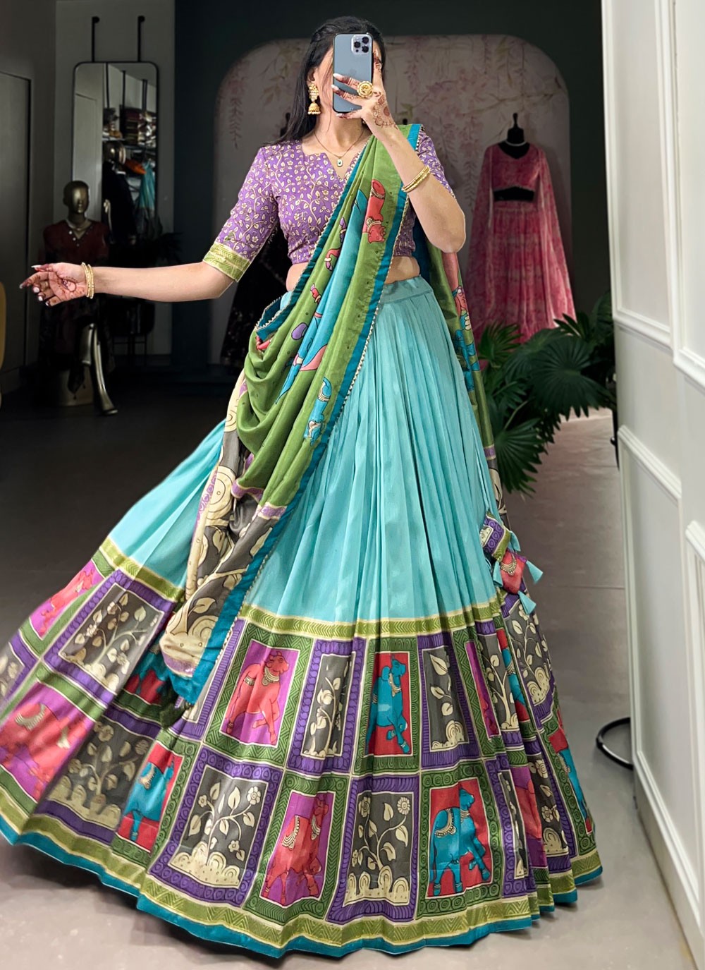 Foliage Prints Tussar Silk Aqua Blue Lehenga - L3221