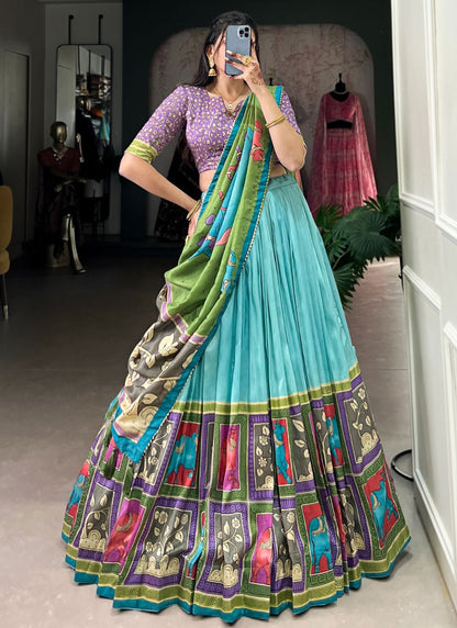 Foliage Prints Tussar Silk Aqua Blue Lehenga - L3221