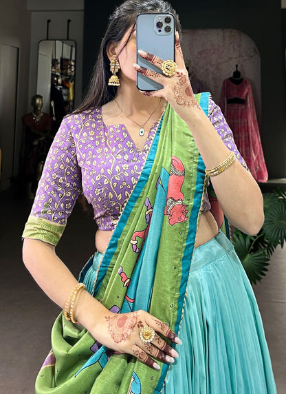 Foliage Prints Tussar Silk Aqua Blue Lehenga - L3221