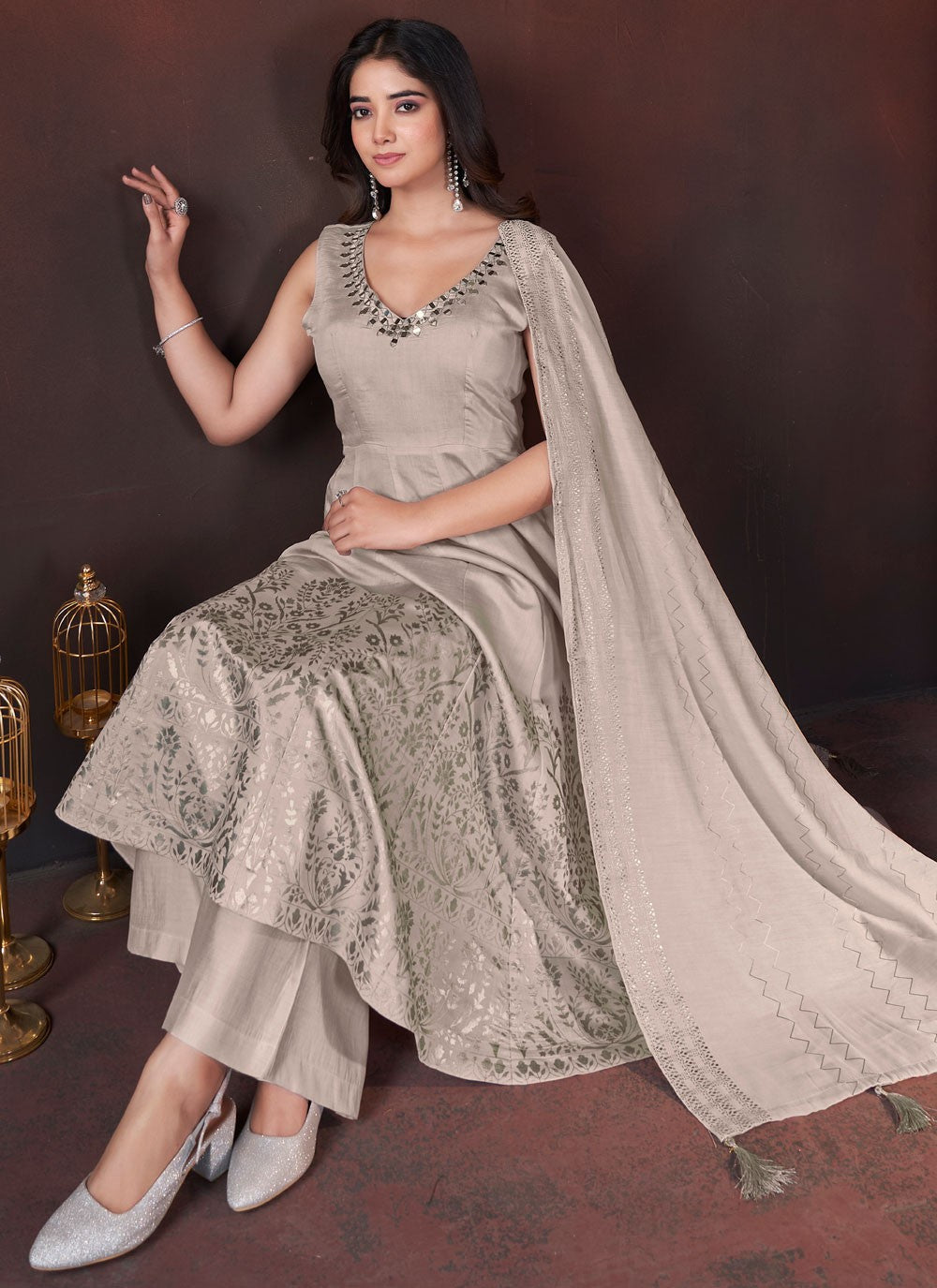 Salwar Suit Foliage Prints Beige Silk T5480