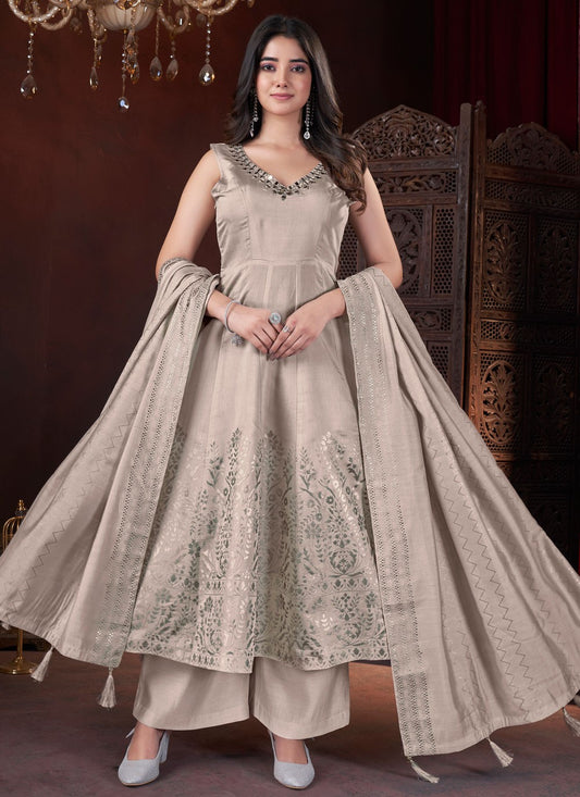 Salwar Suit Foliage Prints Beige Silk T5480