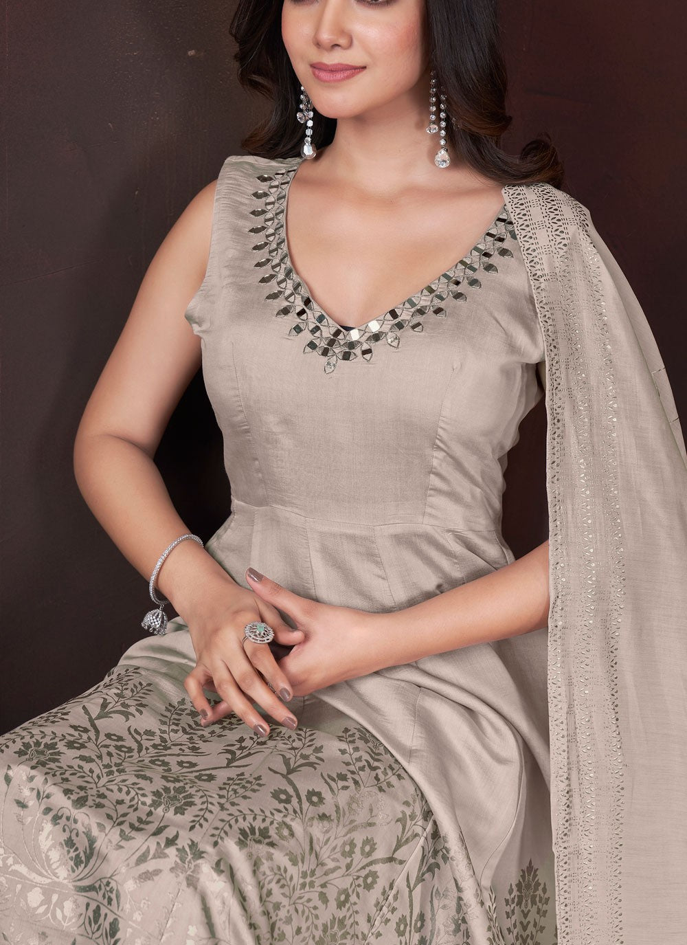 Salwar Suit Foliage Prints Beige Silk T5480