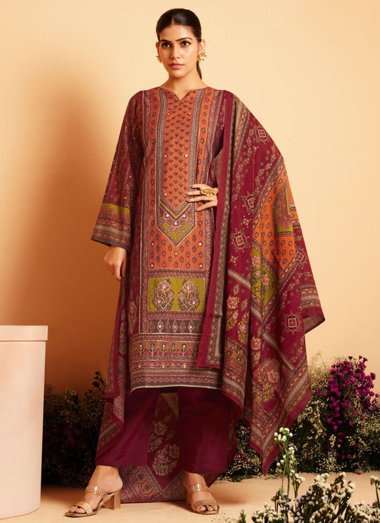 Salwar Suit Embroidered Hot Pink, Maroon Muslin T5180