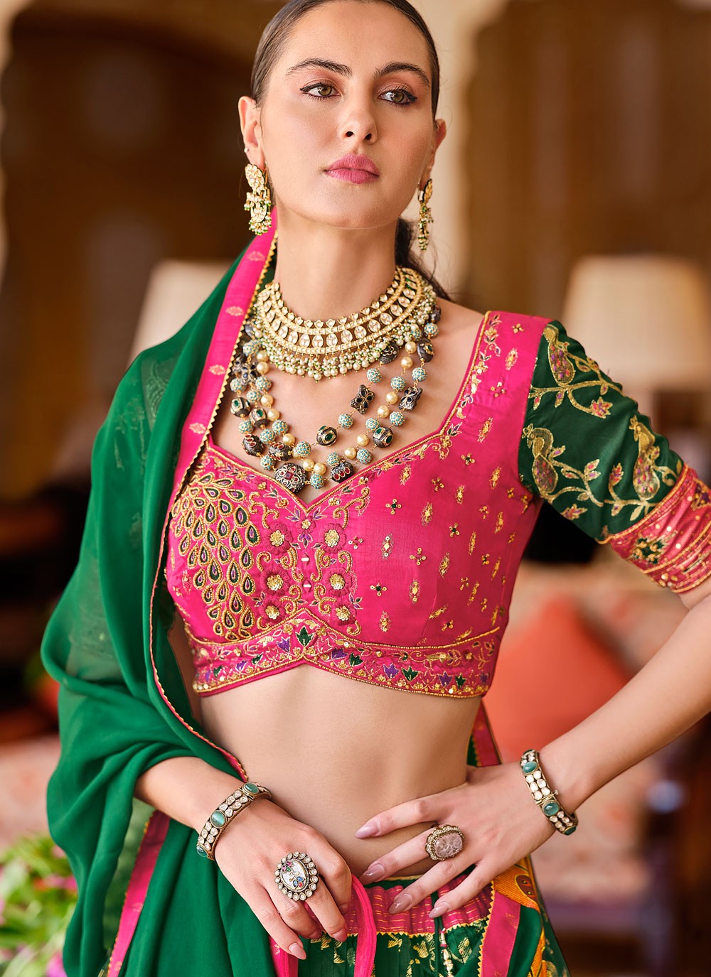 Foliage Prints Silk Green Lehenga - L3236
