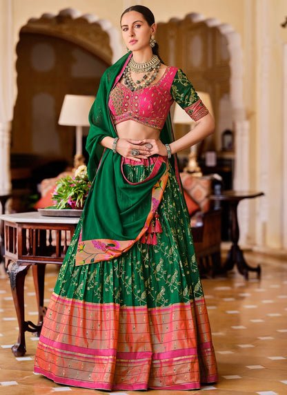 Foliage Prints Silk Green Lehenga - L3236