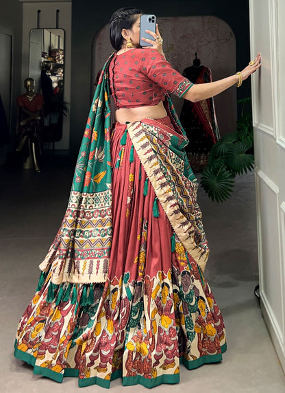 Foliage Prints Tussar Silk Maroon Lehenga - L3427