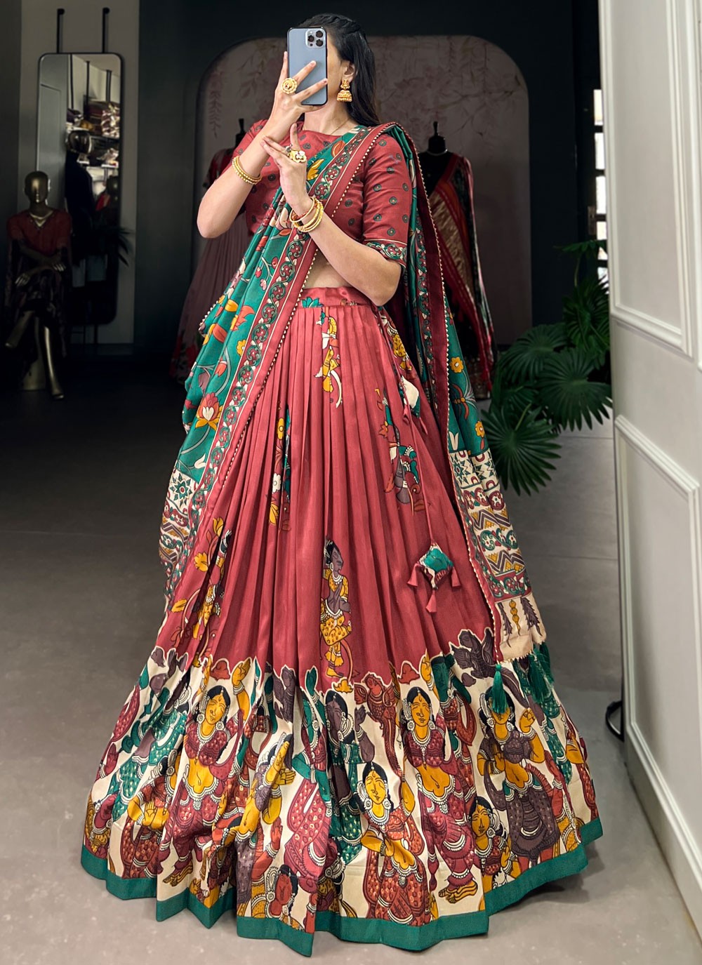 Foliage Prints Tussar Silk Maroon Lehenga - L3427