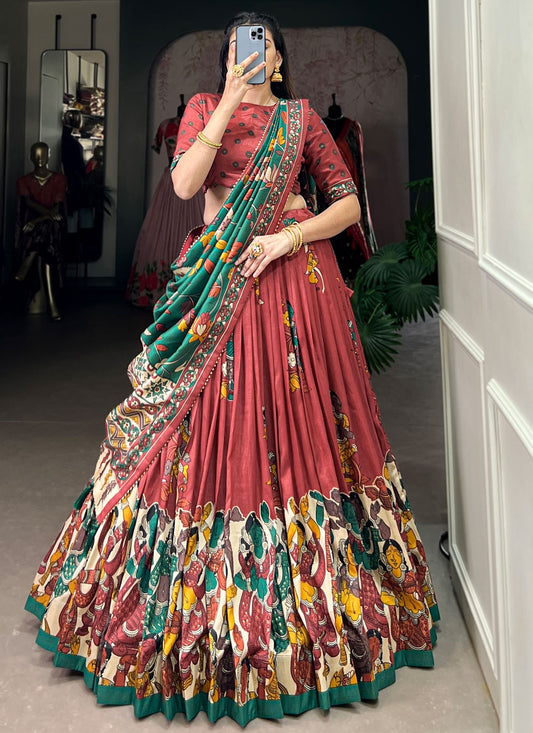 Foliage Prints Tussar Silk Maroon Lehenga - L3427