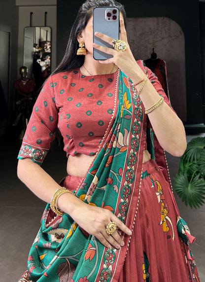 Foliage Prints Tussar Silk Maroon Lehenga - L3427
