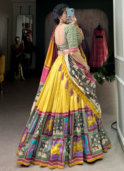 Foliage Prints Tussar Silk Yellow Lehenga - L3219