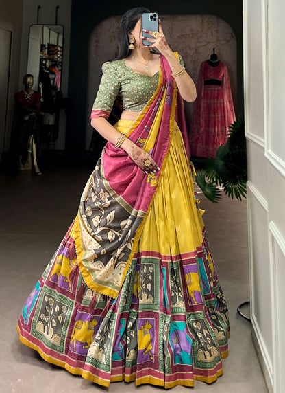 Foliage Prints Tussar Silk Yellow Lehenga - L3219