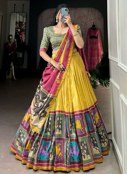 Foliage Prints Tussar Silk Yellow Lehenga - L3219