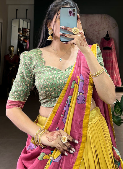 Foliage Prints Tussar Silk Yellow Lehenga - L3219