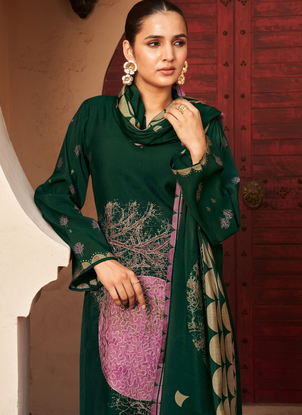 Pant Style Suit Embroidered Green Muslin T5164